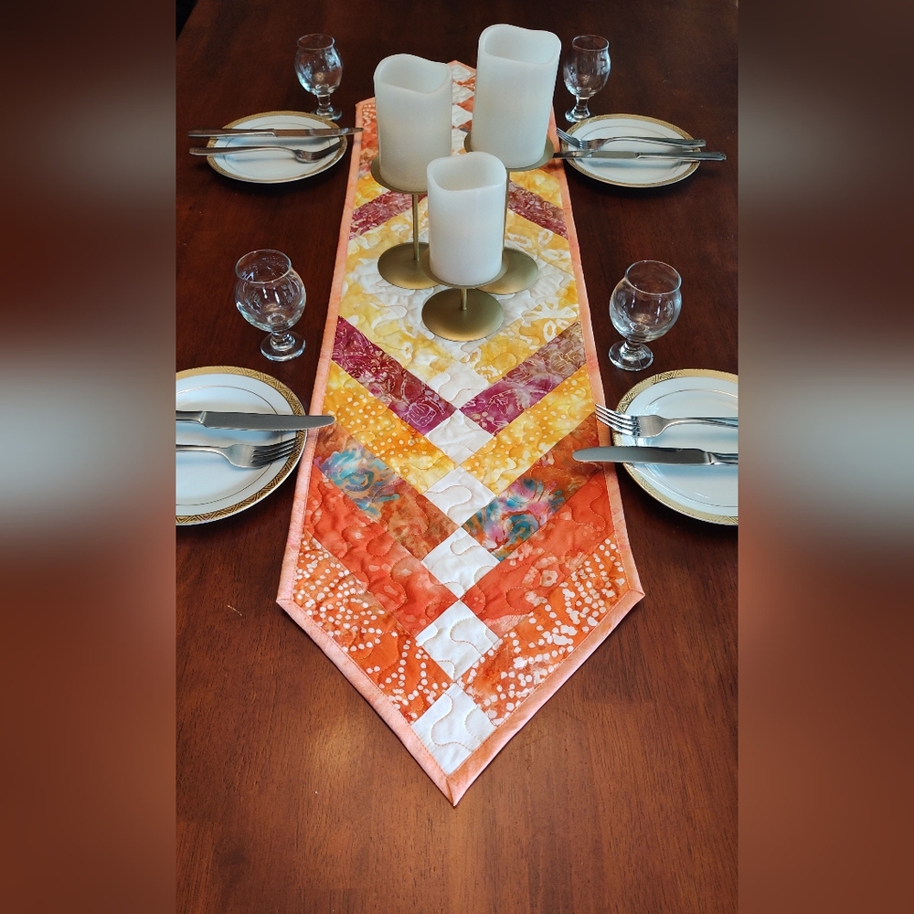 Tangerine Treasure! NEW HANDMADE Quilted Batik Table Runner - 12" X 46" - Picture 4 of 10